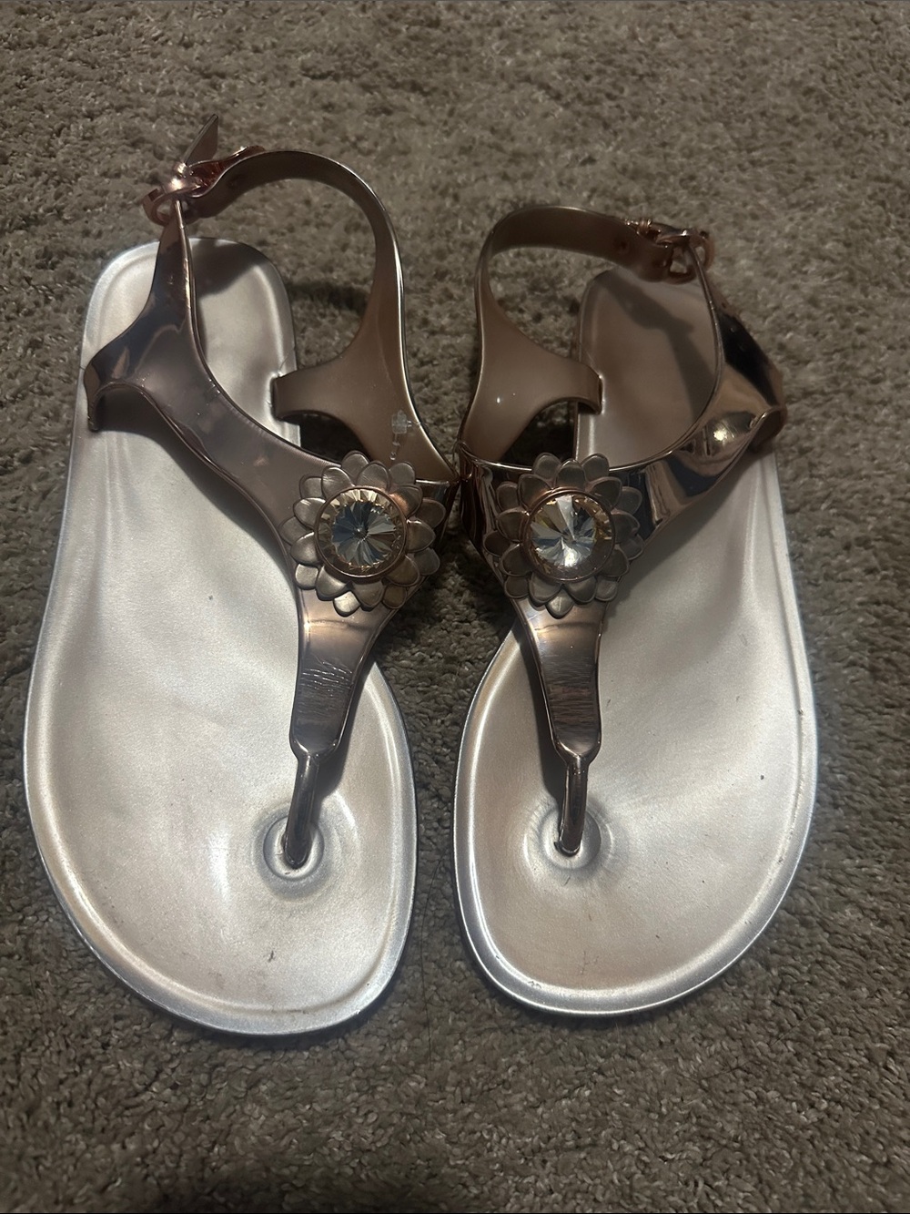 MK Rose Gold T-Strap Jelly Sandals with Floral Jewel